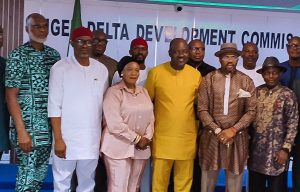 The NDDC Executive Director of Finance and Administration, Alabo Boma Iyaye (2nd right), with the sports commissioners during a meeting for the Niger Delta Sports Festival. From left are the NDDC Director, Security, Mr. Edgar Okpozo; the Imo State Sports Commissioner, Hon. Obinna Onyeocha; Cross River State Sports Commissioner, Hon. Agnes Atsu; and Rivers State Sports Commissioner, Barr Chris Green. First right is the Bayelsa Stare Sports Commissioner, Hon. Daniel Igali.